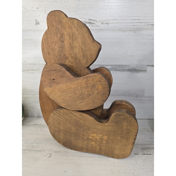Handmade Jackets & Blazers - Handcrafted Layered Wooden Teddy Bear Figurine Rustic Brown Nursery Decor 11.5"